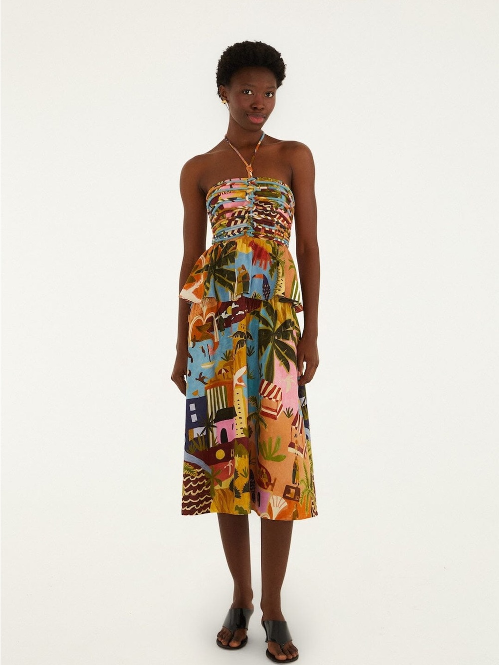 FARM Rio Tropical Painting Multicolor Sleeveless Midi Dress